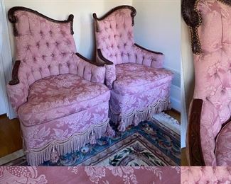 Pair Antique Victorian Tufted Mauve Brocade Arm Chairs with Carved Wood Accents & Bullion Fringe