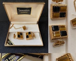Vintage Senator Sherman Genuine Tiger Eye Cuff Links & Tie Tack