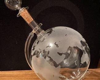 Approximately 9-1/2” X 9-1/2” Etched Glass Globe Decanter on stand