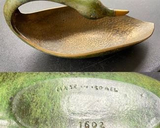 Vintage Hammered Brass Swan Dish green Verdigris Finish Israel 