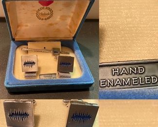 Vintage Hickok Hand Enameled Cuff Links & Tie Tack set