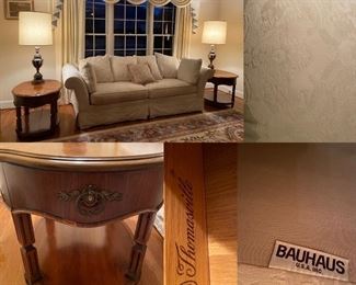 Bauhaus White Upholstered Sofa
Pair Thomasville End Tables
Pair Solid Brass Lamps
Large Wool Textured Room Rug