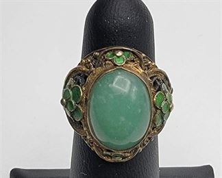 Vintage Filigree Jade Enamel Silver Adjustable Ring