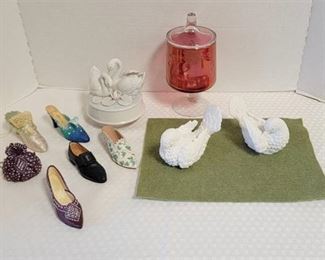 Pair of Alabaster Doves, Swan Music Box, Etched Swan Jar with Lid and Miniature Shoes