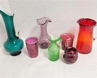 Crackle Glass, Blown Glass Pitchers and Cranberry Glass
