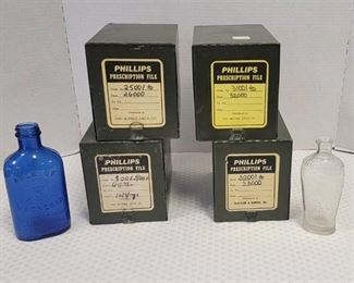 (4) Phillips Prescription File Boxes, Vintage AR Winarick Bottle and Milk of Magnesia Bottle