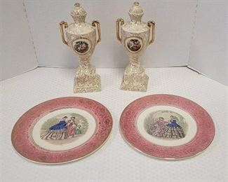 (2) Imperial Salem Plates 23 Karat and (2) Vintage Empire Shelton Ivory Porcelain Urns with Lids