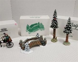 Department 56 - Red Christmas Sulky, Stone Foot Bridge and (2) Trees