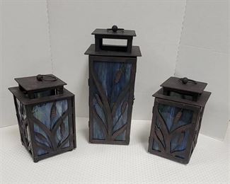 BEAUTIFUL Large Heavy Metal-Stained Glass Lanterns - Set of 3