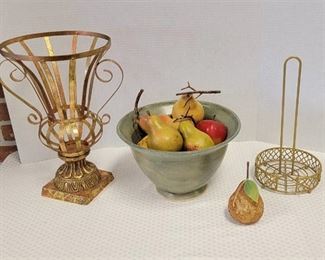 Pottery Bowl with fruit, Metal Paper Towel Holder and Metal Vase