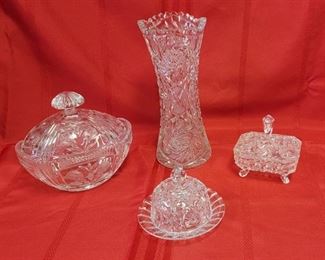 Heavy Lead Crystal Vase, 2 Crystal Candy Dishes and Crystal Dome Cheese Dish