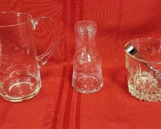 Vintage Etched Glass Tumble Up, Ice Bucket and Etched Glass Pitcher