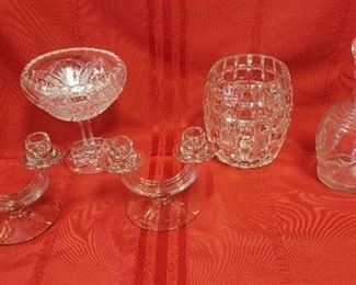 (2) Art Deco Double Candlestick Holders, Decanter, Vase and Compote