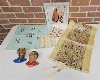 Table Runner, Art Dragon Hand Drawings on Pure Silk, Embroidered Silk Piece and (2) Wall Face Chalkware
