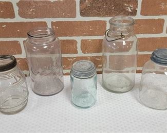 Ranneys Finest Coffee Glass Jar and (4) Vintage Jars