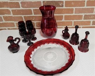 Makasa Red and Clear Platter 14 1/2", Red Hurricane Vase and Vintage Avon Cape Cod Ruby Red Glass Collection