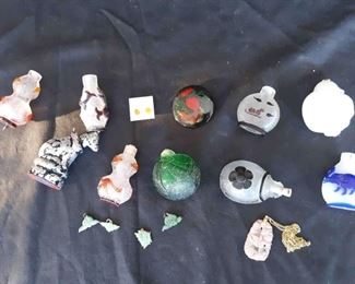 4 Carved Pendants, 9 Bottles And 1 Pair Earrings