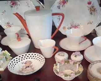 Unusual coffee set with red handles. Dresden, and other European porcelains.