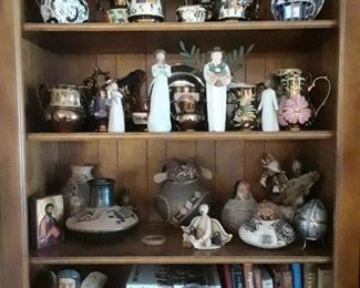 Copper Lustre and collectible figures and small pottery.