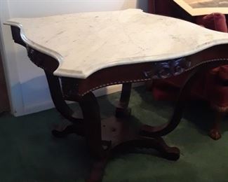 Victorian center table with white marble turtle top. Needs TLC but the marble is in good condition.