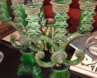 Vintage candelabra and cactus-shaped jar (in background) from Michoacan, Mexico. Additional larger jar not shown.