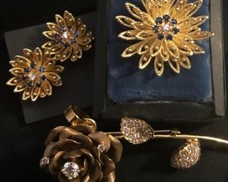 14k and sapphire pin and earrings, 14k custom made rose brooch with diamonds.
