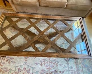 Glass top oak wood coffee table $225