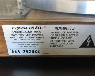 Turntable. Realistic model LAB-290, serial 8A3 292622. Working condition.   $180