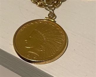 Gold 1914 Indian Head Eagle Coin (1/2 oz Gold) Pendant- Retail for one coin  $1,900-$3,400
