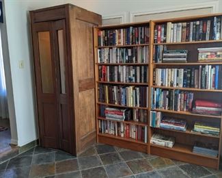 EXTERIOR OF PHONE BOOTH & 2 MORE BOOKCASES FILLED WITH  SHIP, RR, AND WAR BOOKS