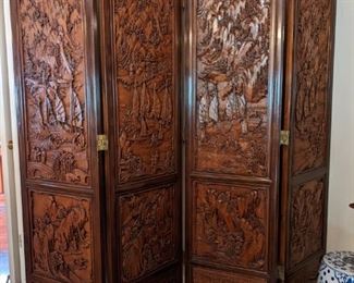 4-PANEL CARVED WOOD ORIENTAL SCREEN