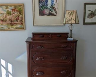 ANTIQUE EASTLAKE WALNUT CHEST OF DRAWERS, FLORAL WATERCOLOR, STITCH ART