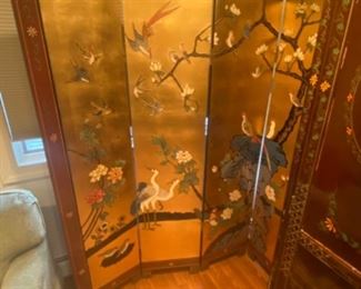 CHINESE 4 PANEL PAINTED GOLD LEAF SCREEN -Decorated with birds and flowers - 72" tall - $600.