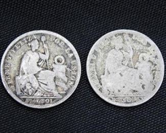 Pair of Antique 1906 Republica Peruana Peruvian Lima Coins