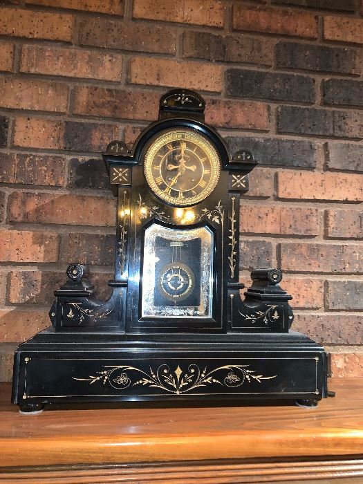 Antique French Mantle clock made of slate 
Circa 1890’s.  Comes with two candle chamber sticks  we have 3 of these clocks. 

Antique Clocks 
French clocks 
Pendulue  de Paris