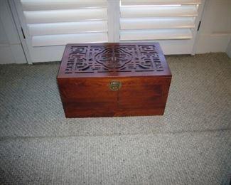 Asian style wood chest with brass hardware 19" w x 10" ht. -good condition -$225.00