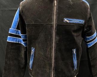 Black Blue Suede Moto Motorcycle Jacket Vintage Leather Medium