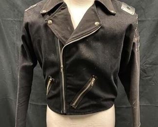 Black Denim Moto Style Motorcycle Zipper Jacket Industrial Metal Plate Accents