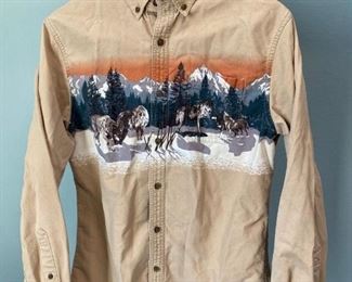 Croft Barrow Long Sleeve Wolves in Forest Button Front Shirt Medium