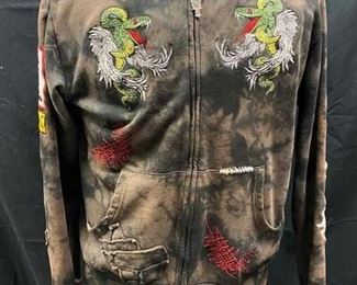 Rebel Spirit Snake Embroidered Distressed Tie Dye Hoodie Zipper Jacket
