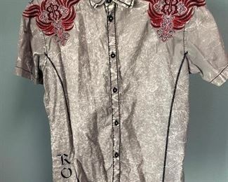 Roar Distressed Embroidered Button Front Short Sleeve Shirt