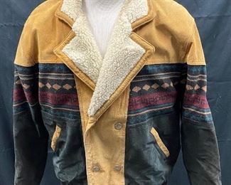 Vintage Fleece Collar Southwestern Design Leather Bomber Style Button Front Jacket Medium