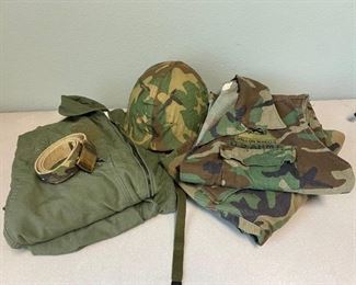 Vintage Military Camo Fatigues Pants Helmet Coveralls Lot