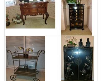 Tall hope chest, black lacquer flatware chest, bar car and black lacquer liquor cabinet.