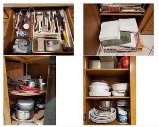 Tons of kitchen utensils, pots/pans, Corningware, linens