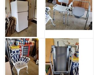 Refrigerator, hospital equipment, cute white lawn chair and treadmill.