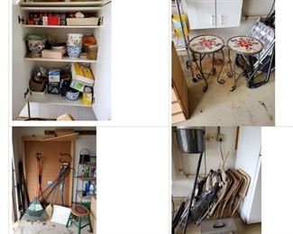 Yard equipment, small planters, lawn tables, folding chairs