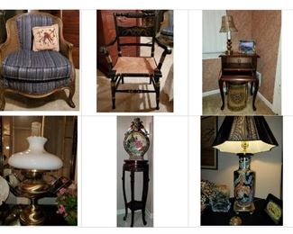 Ethan Allen chair, two (but only one shown) Hitchcock captain chairs, lamps, and more decor.