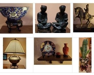 Display pieces, lamp and faux cactus planter.