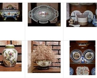 Porcelain pieces, Lenox, pewter display plates.